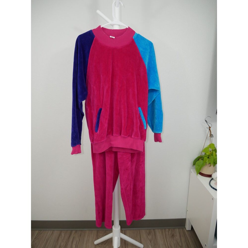 Vintage Velour Tracksuit Medium Pink Colorblock 2 Piece Made in USA